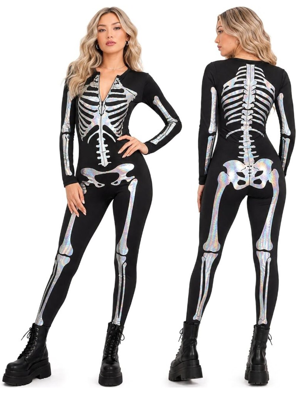 🎃Women's Silver Skeleton Halloween Bodysuit Front and Back Print Party Costume